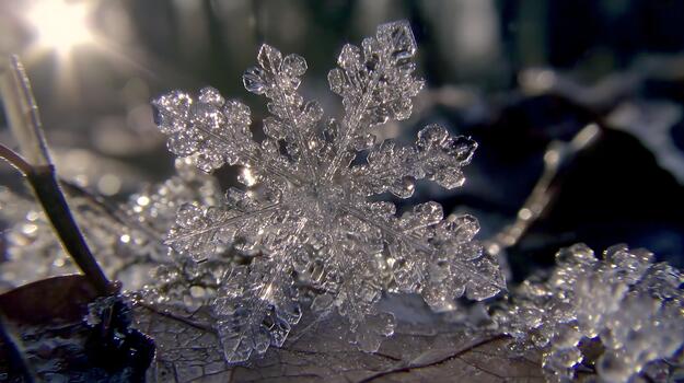 Close Up View of a Sparkling Snowflake on a Leaf photo
