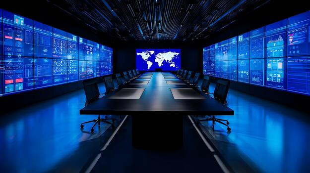 Futuristic Command Center with Global Data Displays and Conference Table photo