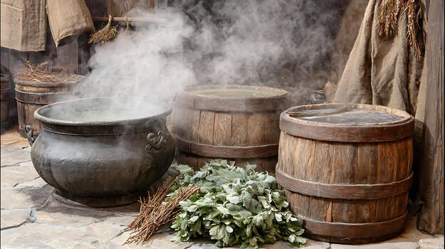 Steaming Water In Old Barrels With Herbal Branches And Rustic Decor photo