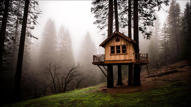 Enchanting Treehouse Nestled Amongst Giant Misty Forest Trees photo
