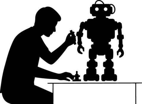 silueta de un hombre montaje un robot en un escritorio vector