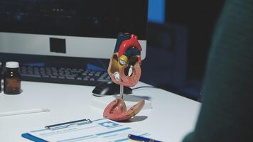 en person är arbetssätt på en dator med en modell av en hjärta video