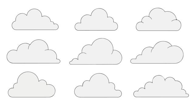 Set of Nine Simple Cloud Icons with Black Outline on White Background vector
