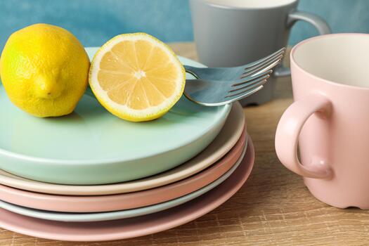 A stack of plates with a lemon and a fork photo