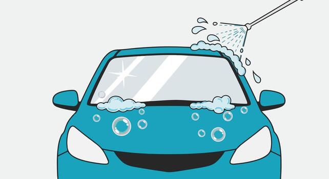 Teal Car Getting Washed with Soap and Water Stream vector