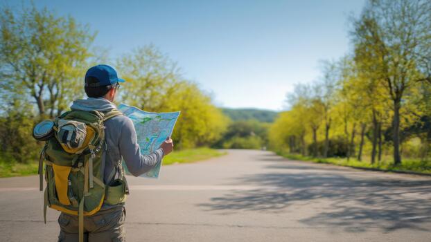 Person navigates a tree-lined path using a map, created AI photo