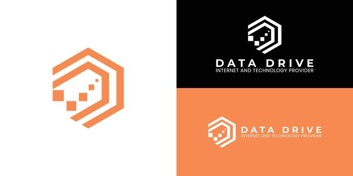 The modern geometric logo features the letter D inside a hexagon. It symbolizes digital construction and structured security. Orange lines and fading squares represent data flow and IT expertise. vector