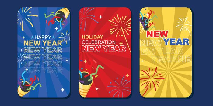 A set of three New Years card designs featuring subtle firework patterns and a Happy New Year message in purple, red, and blue. vector