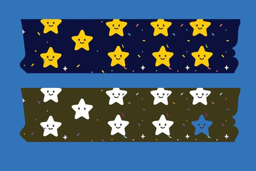Two strips of washi tape featuring adorable smiling stars, perfect for adding a touch of whimsy to crafts and decorations. vector