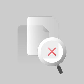 Modern liquid glass style illustration of missing document icon with magnifying, cross mark. file not found, document missing, data error, no results, broken link, system warning. empty state ui vector