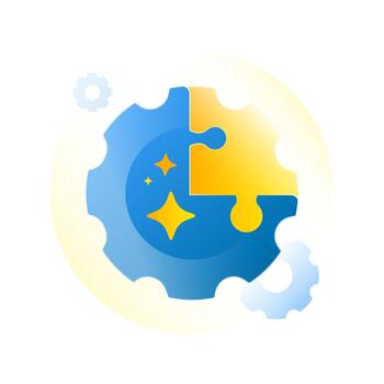 illustration featuring interlocking puzzle pieces forming gear with shining spark. represents innovation, technology updates, system integration, problem solving and launch of new features vector
