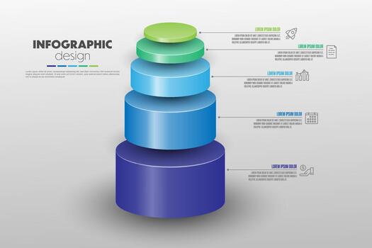 Stacked cylinder infographic timeline presentations and business concept charts with 5 options vector