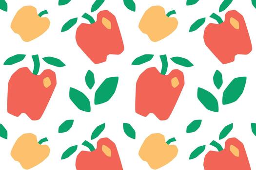 illustration with flat cartoon seamless pattern of apples and leaves in naive broken line style, simple rustic fruit design for textiles, wrapping, kitchen decor, fresh natural pattern vector
