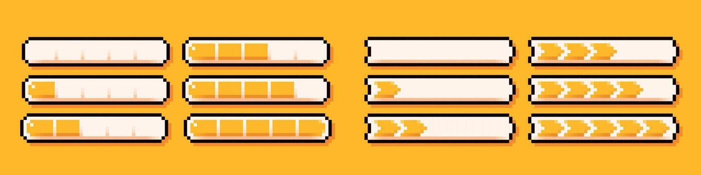 Energy yellow live bars in two different shapes drawn in pixel art 8 bit style. vector