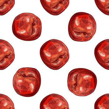 Hand drawn seamless pattern of red apples in engraving ink style for autumn thanksgiving and christmas projects vector