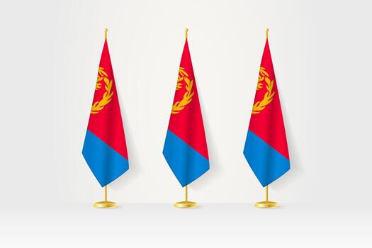 Three Eritrea flags in a row on a golden stand, illustration of press conference and other meetings. vector