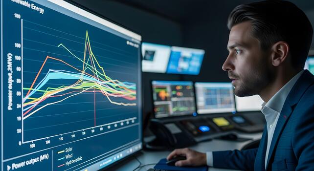 A man in a suit is looking at a computer screen with graphs on it photo