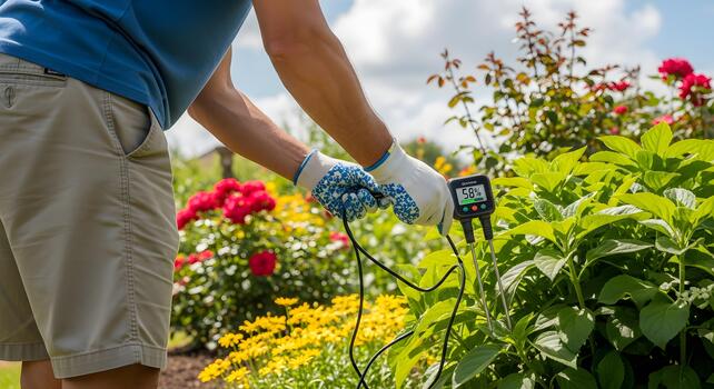 A man is using a handheld device to measure the soil photo