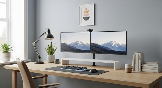 A desk with a computer and a monitor on it photo