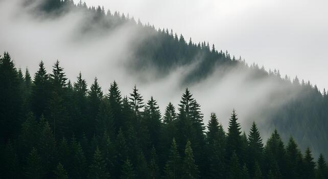 Misty evergreen forest with dense pine trees shrouded in ethereal fog, creating a serene and mysterious natural landscape on a cloudy day, evoking a sense of tranquil wilderness photo