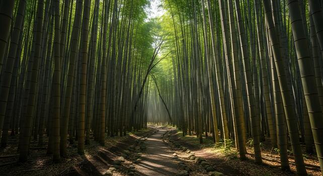Enchanting path traversing a dense bamboo forest, with towering green culms forming a captivating natural tunnel, illuminated by serene dappled sunlight photo