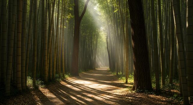 Enchanted forest path winding through a towering bamboo grove, bathed in ethereal sunlight filtering through the dense canopy, creating captivating patterns of light and shadow on the tranquil ground photo