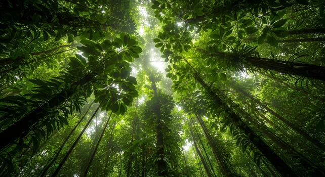 Looking up through the vibrant, dense green canopy of a lush rainforest photo