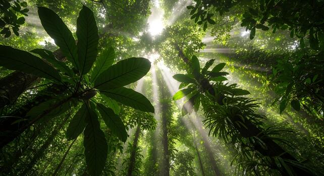 Lush rainforest canopy viewed from below, with sunbeams filtering through dense, vibrant foliage, creating a magical atmosphere photo