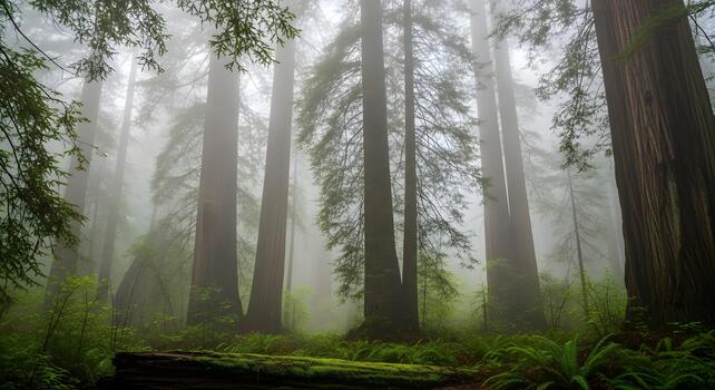 Ancient towering trees stand majestic amidst a swirling coastal fog, their colossal trunks disappearing into the misty canopy, creating an ethereal and tranquil forest scene photo