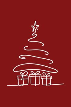 Red Background Continuous Line Christmas Tree vector