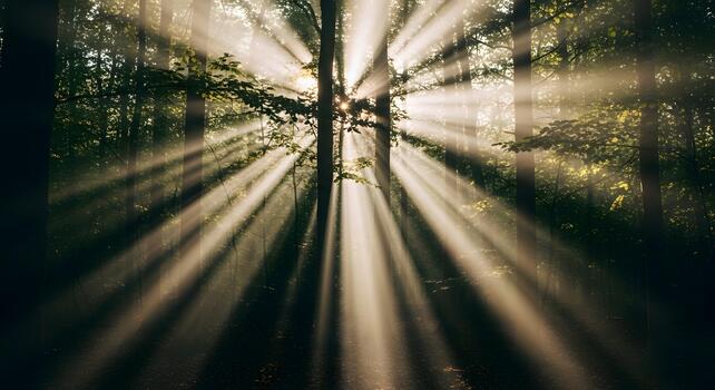 Sunbeams illuminate a tranquil forest, creating a mystical ambiance with ethereal shafts of light cascading through the trees photo