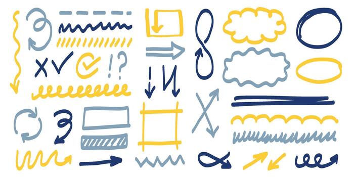 Collection of elements in blue, yellow, and gray. Includes arrows, check marks, crosses, symbols, lines, circles, frames, and highlight scribbles. vector