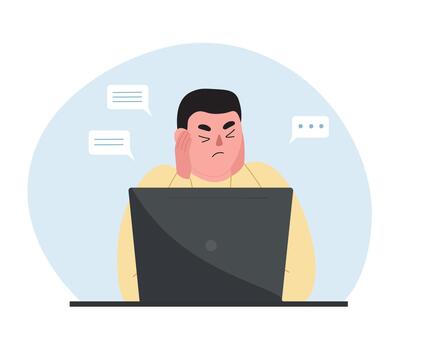 A guy sitting at a laptop, made a mistake, has a problem. A student studying. flat graphics. vector