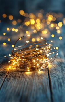 Warm string lights on rustic wooden background photo