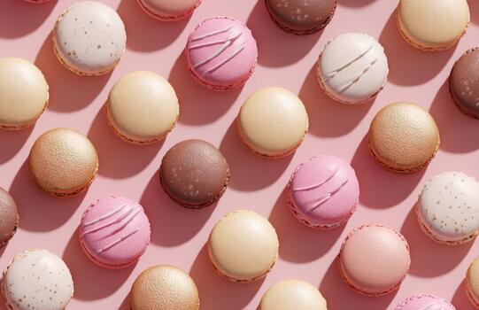 Colorful macarons pattern on pink background photo