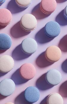 Pastel macarons in geometric arrangement on lilac background photo