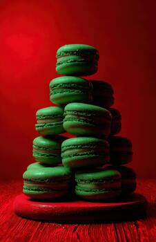 Green macarons pyramid on red background photo
