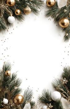 Christmas frame with pine branches and gold ornaments vertical photo