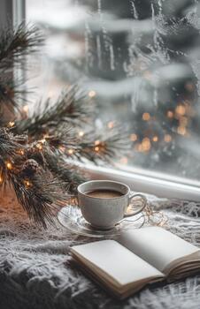 Cup of coffee and open book near frosted window photo