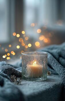 Frosted candle in glass with golden bokeh lights photo