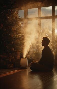 hombre meditando cerca Navidad árbol y aroma difusor foto