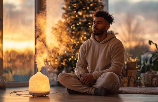 Man meditating beside glowing Christmas tree at sunset photo