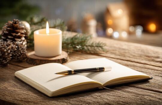 Open notebook and pen on rustic wooden desk with candle photo