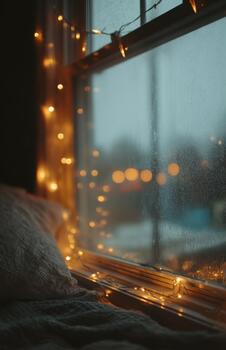 Rainy window with glowing Christmas string lights photo
