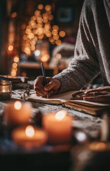 Man writing in journal near Christmas candles and bokeh lights photo