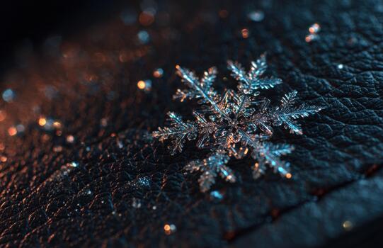 Crystal snowflake on black leather macro photo