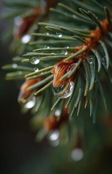 Close up of pine needles with large water droplet photo