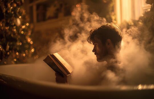 hombre leyendo libro en calentar vapor acogedor Navidad atmósfera foto
