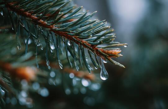 Pine branch macro with raindrops and soft reflections photo