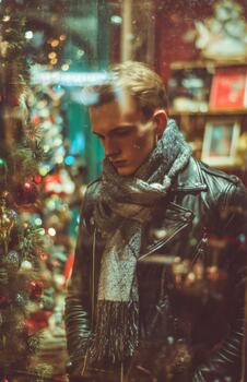 Young man looking through Christmas window reflection photo